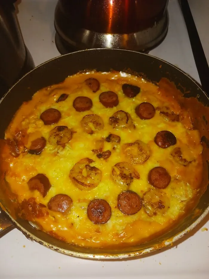 Shrimp & Sausage Queso; It Was Still Edible But It Was So Thick We Couldn't Scoop It Up With The Chips. Indeeded Up Turning It Into Mac&cheese Instead Lol
