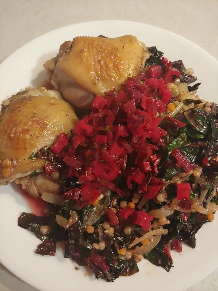 Chicken Thighs, Wilted Chard, Couscous, And Pickled Chard Stems (Inspired By A Tasty Recipe)