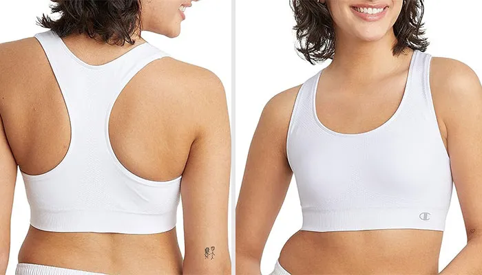 Champion Women's Infinity Racerback And Seamless Sports Bra:  A Nylon-Spandex Sports Bra Offering An All-Over Stretch, Moderate Support, And Ultimately Cool Comfort For Any Workout