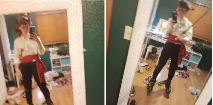 Me And My GF Were Gonna Be Ken And Barbie On Rollerblades, But Thought It’d Be Overdone. We Both Love Skating And We Both Love Potc And Think Emma Swan Is Super Hot, So Together We’re Being Pirates On Rollerblades. Sorry For The Blurry Pics Lol