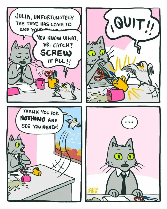 40 Funny Comics About A Cat Hiring Birds In His Company By This Brazilian Artist
