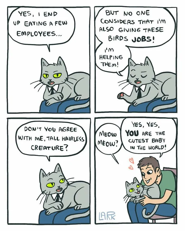 40 Funny Comics About A Cat Hiring Birds In His Company By This Brazilian Artist