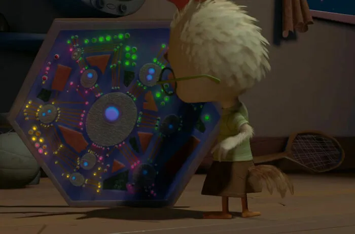 Chicken Little looking at the piece of sky 