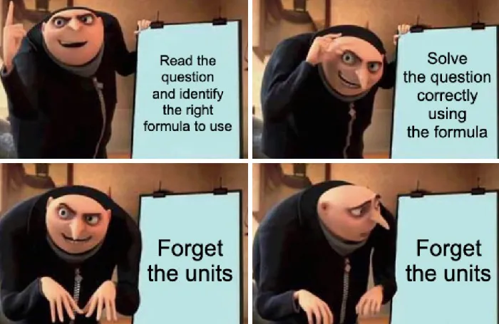 Chemistry meme of character solving problems, forgetting the units; funny reaction to common mistake in chemistry.