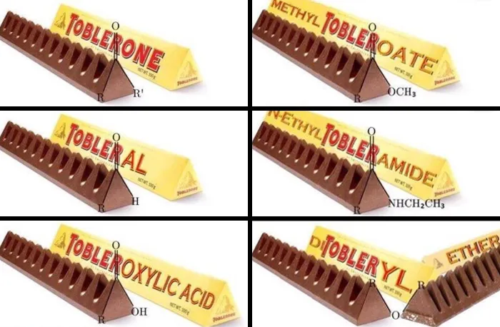 Chemistry meme featuring Toblerone chocolate with humorous chemical structure labels.