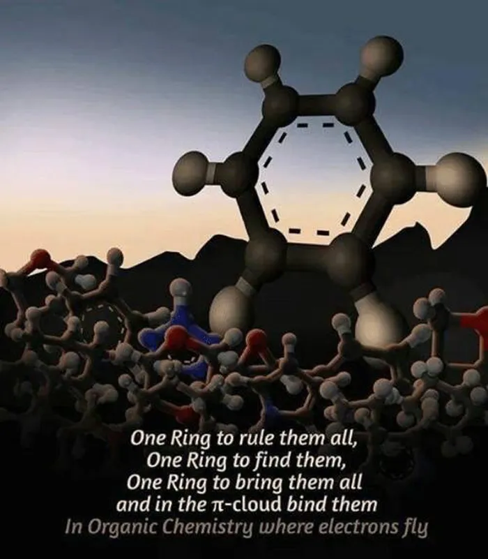 Chemistry meme about aromatic ring with a play on words from a famous quote, highlighting organic chemistry humor.