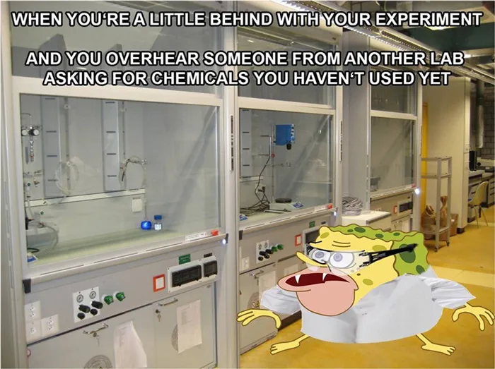 Chemistry meme about being behind the experiment, with a surprised cartoon character in a lab setting.