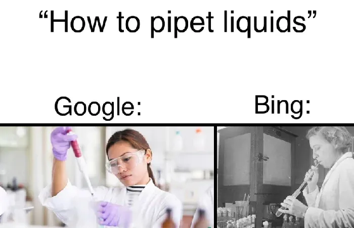 Chemistry meme contrasting pipetting liquids with modern and vintage techniques.