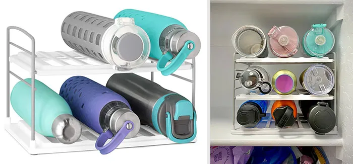 YouCopia Upspace Water Bottle Cabinet Organizer: Adjusting to fit all sizes of bottles and mugs while ensuring they don't slip or roll around.