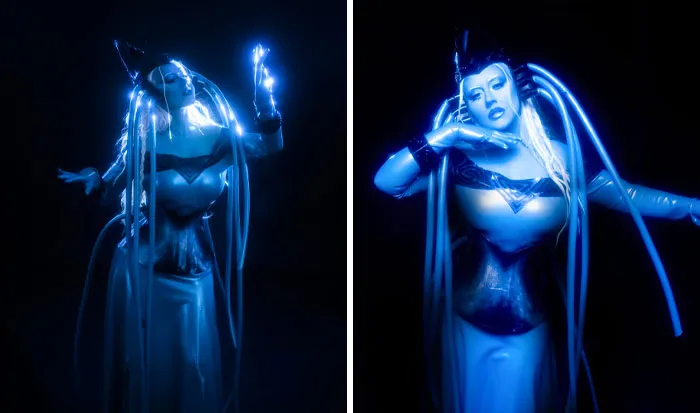 Person wearing a glowing, futuristic Halloween costume with long light tubes, showcasing clever Halloween costume ideas.