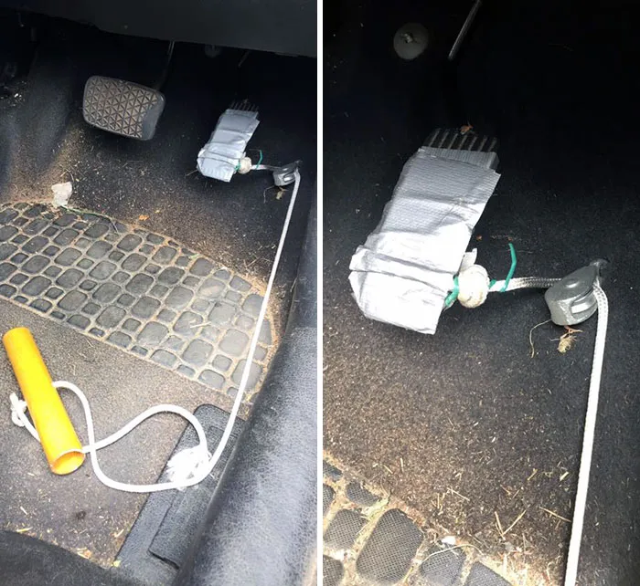 Un colega mecánico comparte esta foto del coche de un cliente, que afirmaba que le dolía el pie de acelerar, así que acelera con la mano