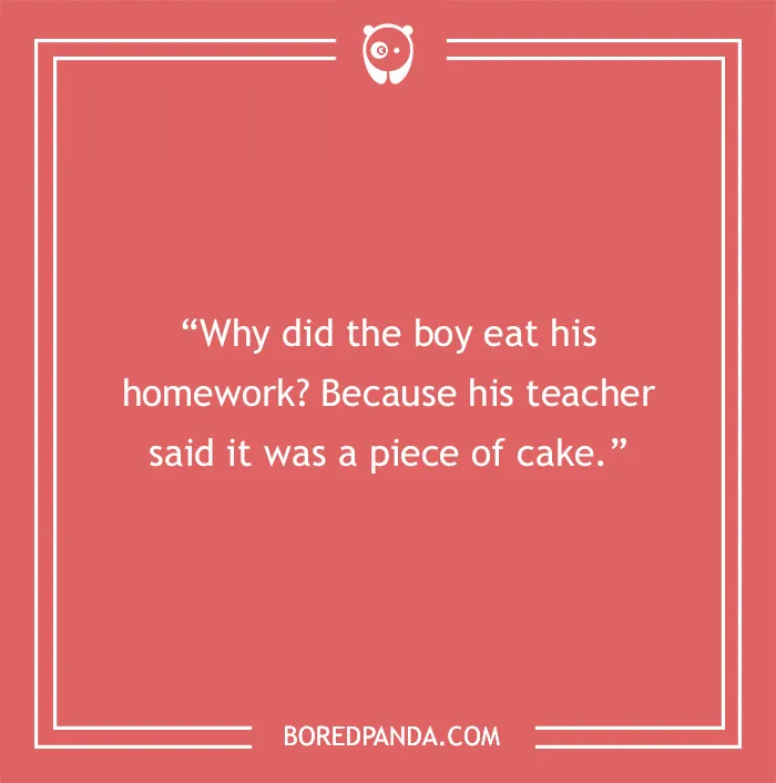 Text joke about English teacher humor on a red background featuring a playful quote about homework and cake.