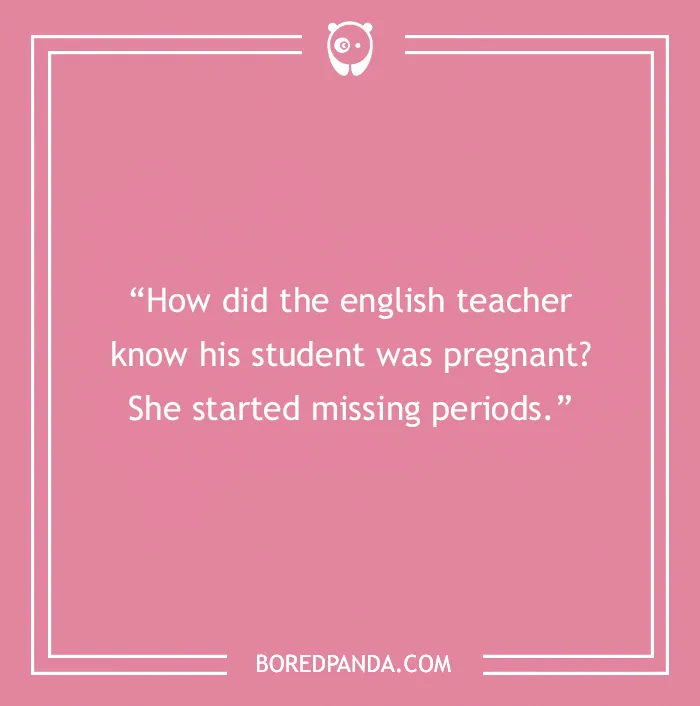 A joke about an English teacher on a pink background with Bored Panda branding.