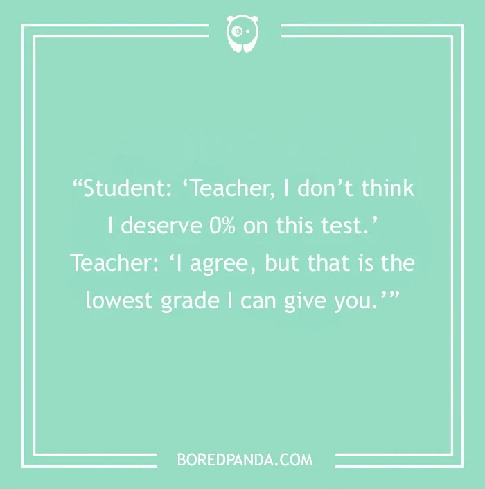 Student and teacher joke on a green background, discussing test grades.