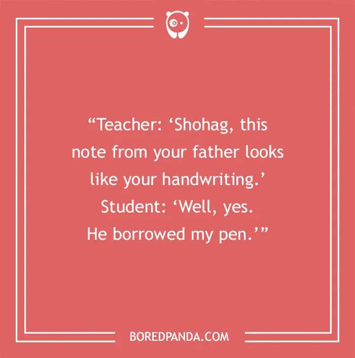 Red text image with an English teacher joke about handwriting and a borrowed pen.