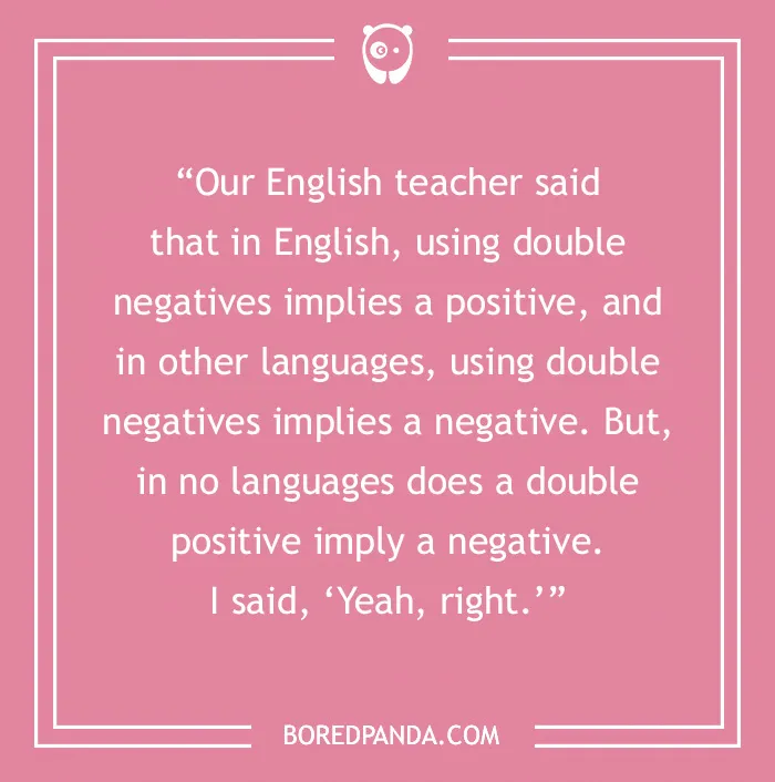 Pink background with a joke about English teachers and double positives from Bored Panda.