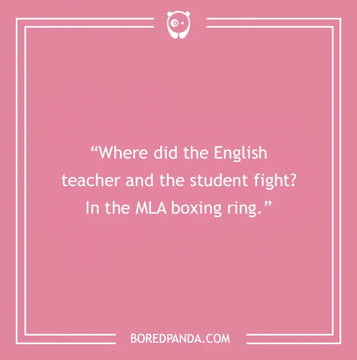 Cover image with an English teacher joke about an MLA boxing ring on a pink background.