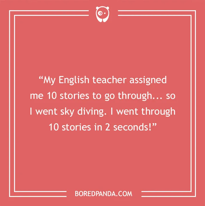 Text joke about English teacher assigning stories, with a funny skydiving twist, on a red background.