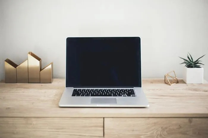 Laptop on wooden desk with plant and decor, related to shower thoughts questions.