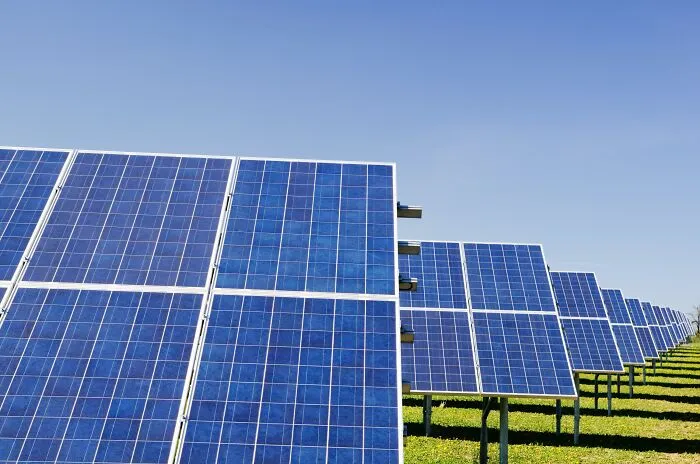 Rows of solar panels in a field under a clear blue sky.