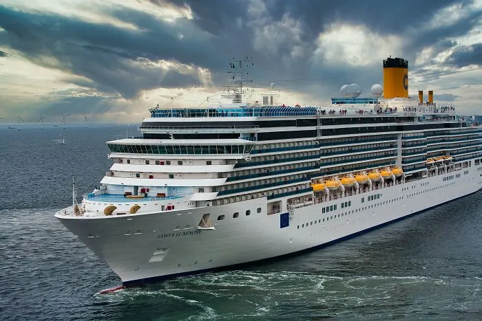 A large cruise ship sails on the ocean under a cloudy sky, highlighting thoughts of travel and exploration.