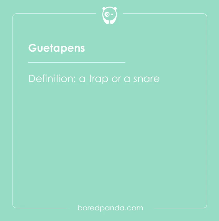 Card showing the hard spelling bee word Guetapens with its definition as a trap or snare, part of spelling bee words.