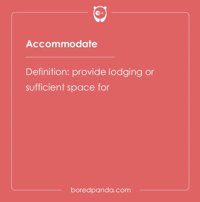 Accommodate spelling bee word card with the definition providing lodging or sufficient space on a red background.