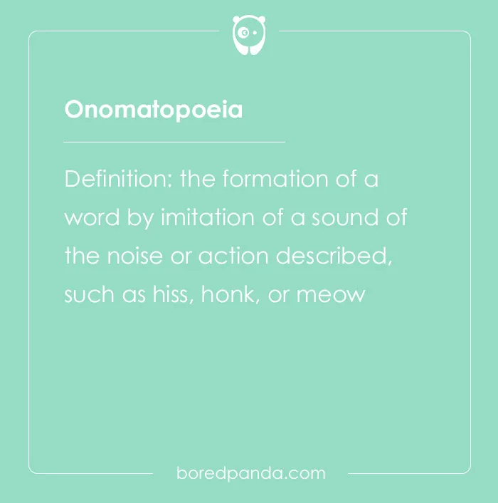 Definition of the hard spelling bee word Onomatopoeia explaining sound imitation like hiss, honk, or meow.