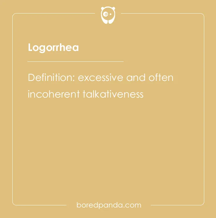 Word logorrhea explained with definition on a tan background, related to hard spelling bee words.