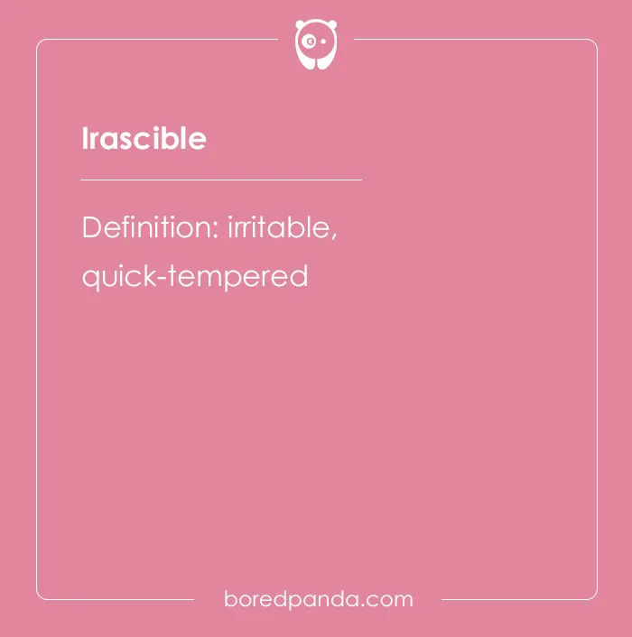 Irascible definition card from hard spelling bee words, meaning irritable and quick-tempered in a simple design.