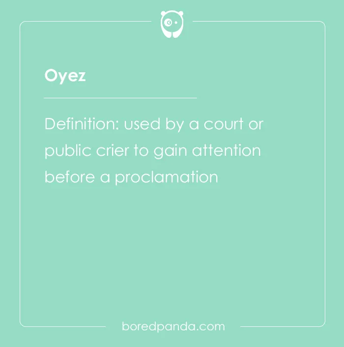 Flashcard showing the hard spelling bee word oyez with its definition related to courtroom attention in spelling bee words.