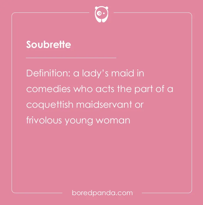 Soubrette definition card from hard spelling bee words, describing a coquettish maidservant or frivolous young woman.