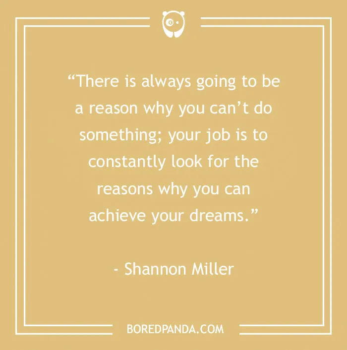 Inspirational sports quote by Shannon Miller about achieving dreams, on a tan background with Bored Panda logo.