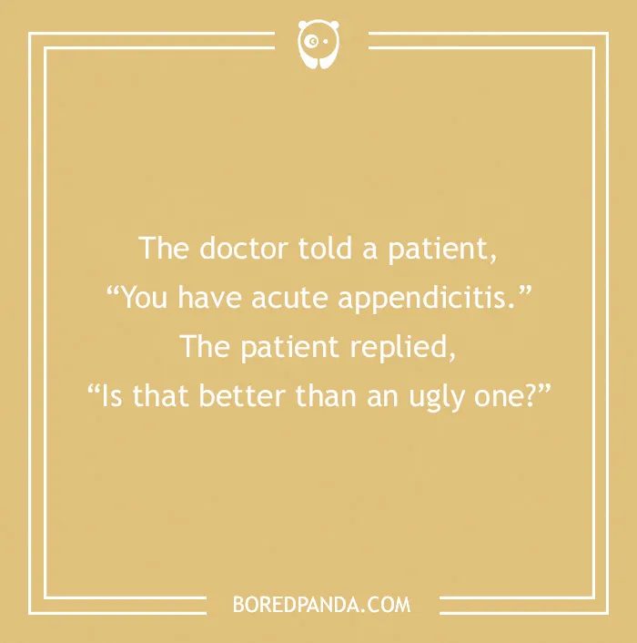 Medical puns image with a doctor-patient joke about acute appendicitis on a yellow background.