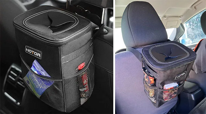 HOTOR Trash Can With Lid And Storage Pockets: Keep your car interior neat and organized with this multipurpose, leakproof car garbage bin that also doubles as a storage bag and car cooler.