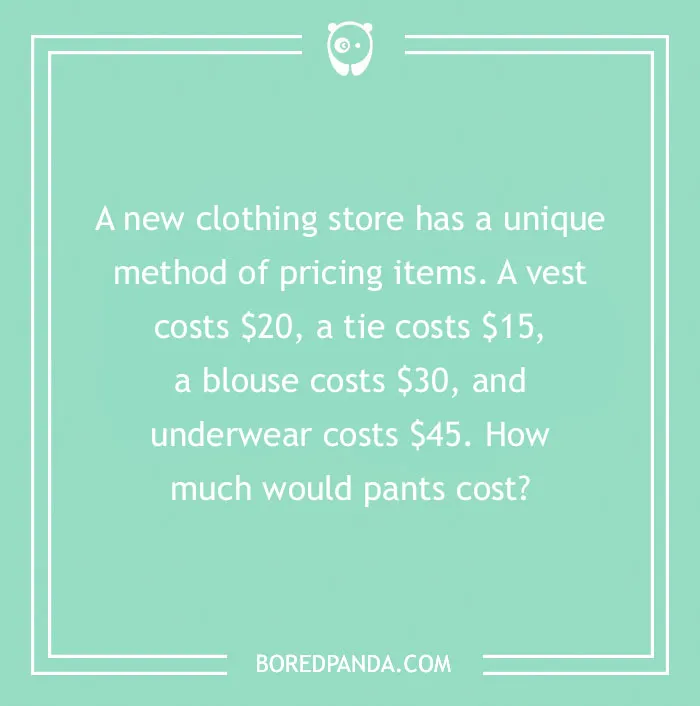 Text of a clever number riddle about pricing clothing items, asking for the cost of pants.