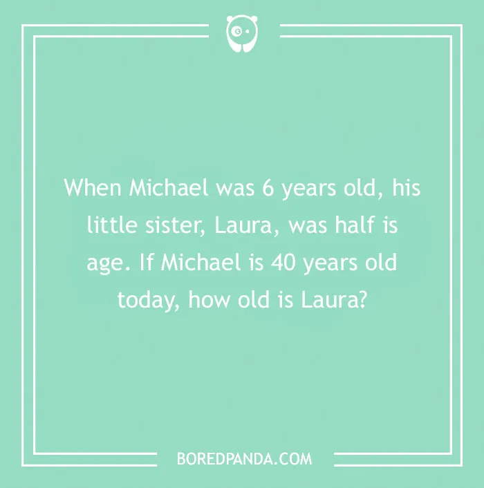 Number riddle asking Michael's age difference with sister Laura on a mint green background.