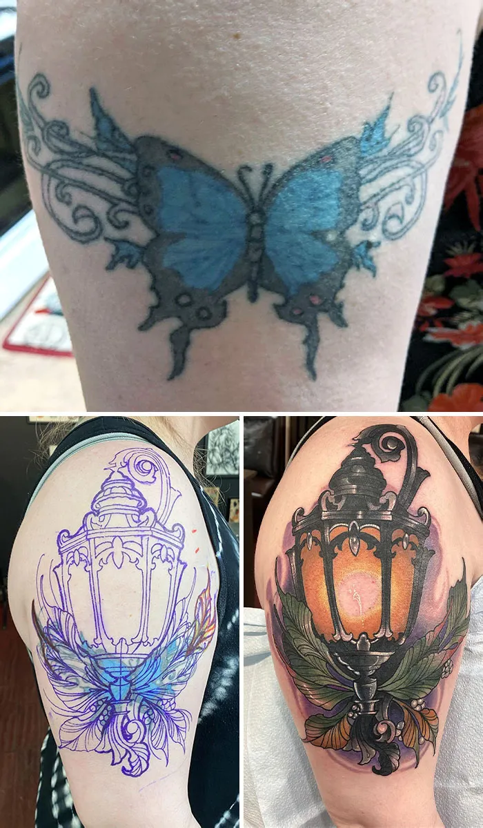 Tattoo regrets transformed: Original blue butterfly upgraded to ornate lantern with colorful leaves.