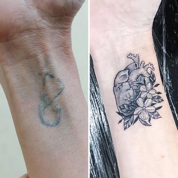 Tattoo upgrade showing before and after: faded heart to detailed anatomical heart with flowers.