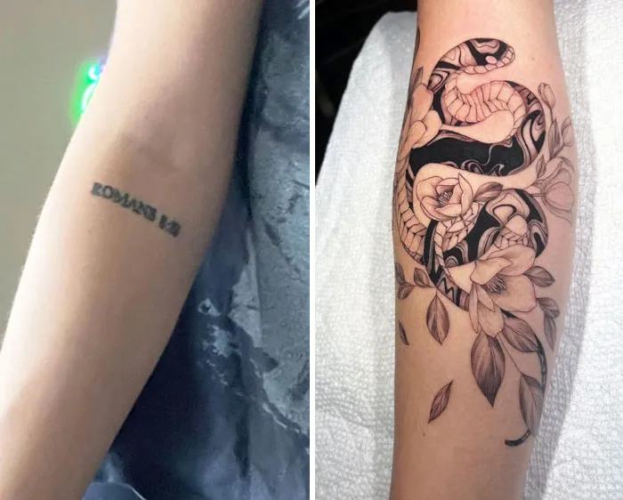 Tattoo upgrade from simple text to ornate snake and floral design.