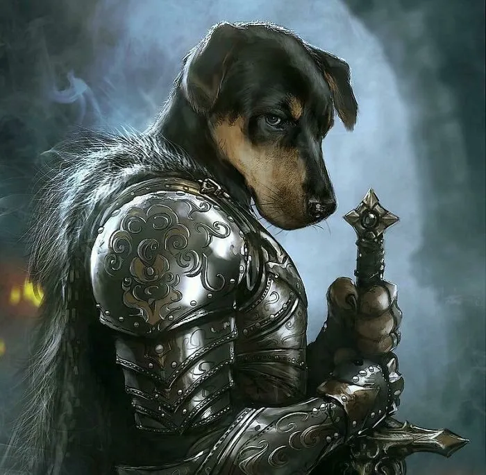 Dog in ornate medieval armor holding a mace, humorously styled like a knight meme.
