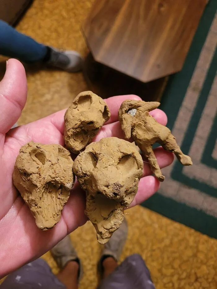 My 7yr Old Brother Has Been Making These Figures Out Of Mud & Leaving Them On Neighbors Door Steps. A Gift? A Curse? Idk Lol