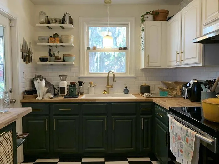 Green Cabinets With Open Shelving