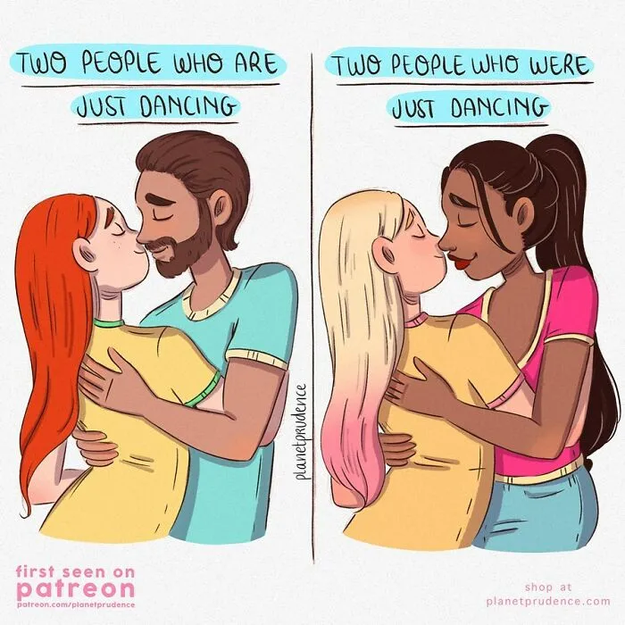 A Planet Prudence comic showing couples dancing, illustrating different experiences of being a woman.