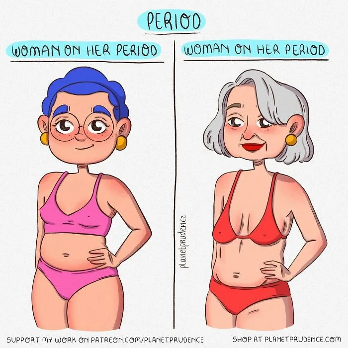 A comic by Planet Prudence depicting two different women, one young and one older, both on their period.