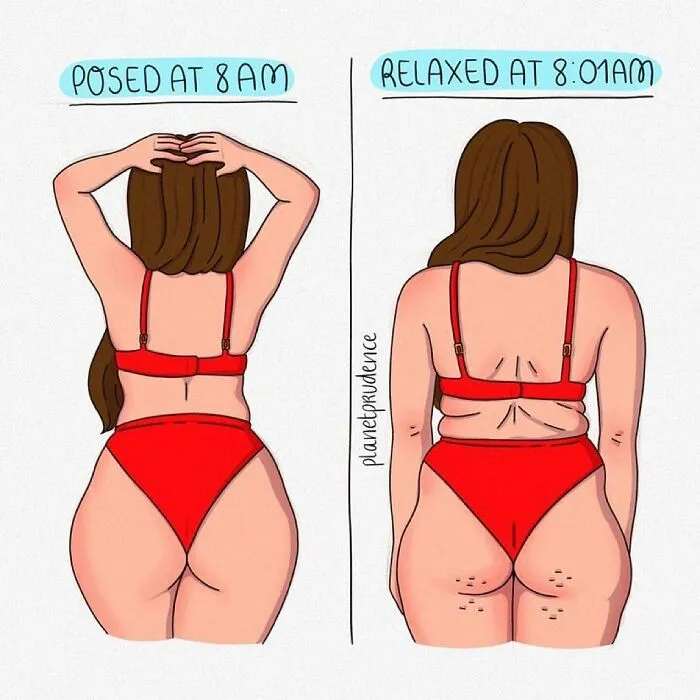 A Planet Prudence comic showing what being a woman is like, contrasting posed versus relaxed body posture.