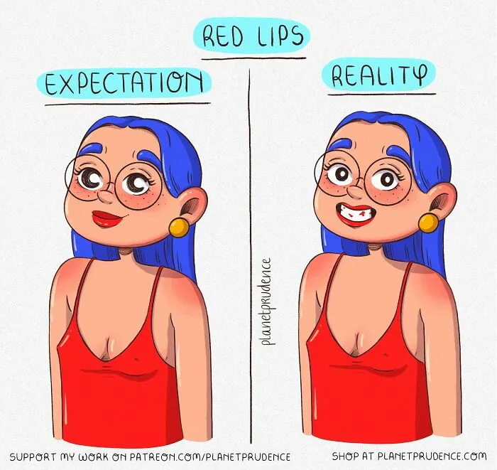 A comic by Planet Prudence illustrating a woman's expectation vs. reality of wearing red lipstick.