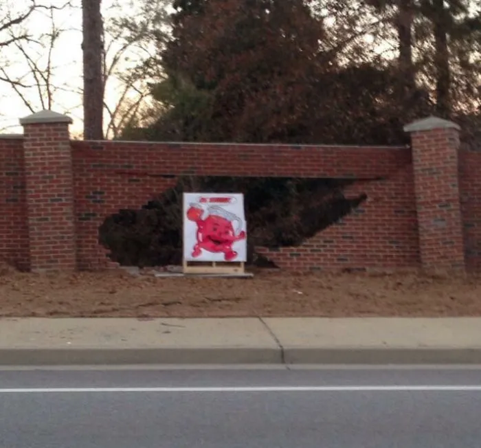 Car Drove Through A Brick Fence, Neighbor Put This Out