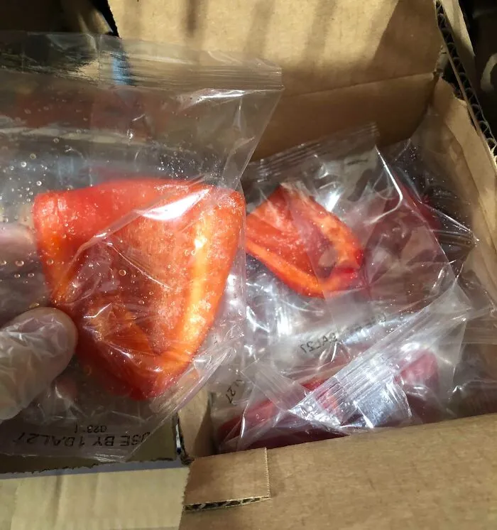 Individually Wrapped Peppers That Are Used For Salad And Pre-Cut Into 1/4s Just To Have To Be Cut Again Into Smaller Pieces