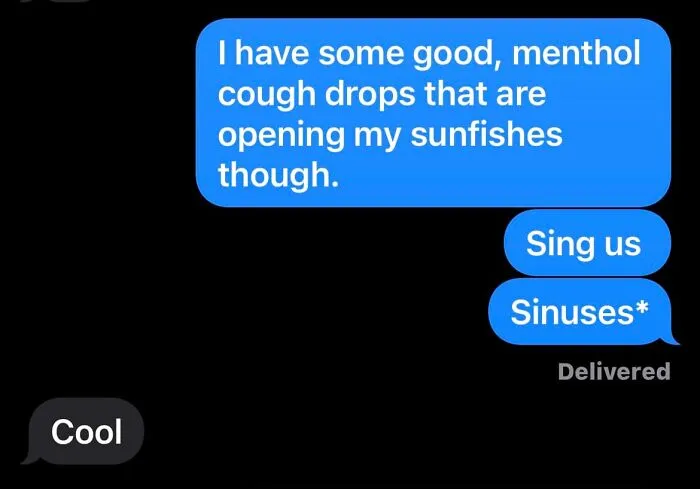 Text conversation showing autocorrect error changing sinuses to sunfishes, illustrating autocorrect mistakes in messages.